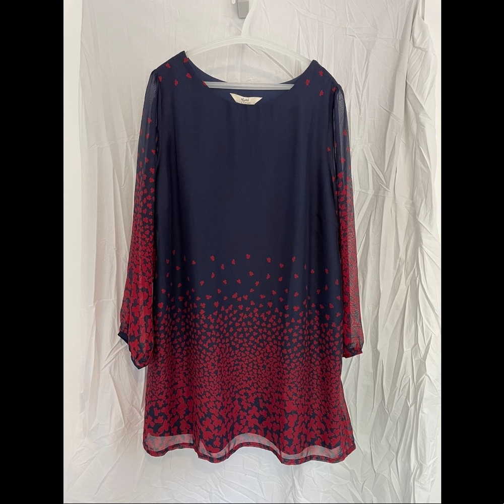 Yumi Plus Long Sleeve Navy Shift Dress In Red Leaf Border Print